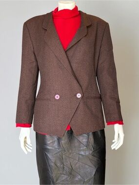 Vintage Biba Brown 100% Pure Wool Double-Breasted Blazer Size 42/M Shoulder Pads